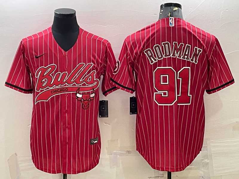 Men%27s Chicago Bulls #91 Dennis Rodman Red With Patch Cool Base Stitched Baseball Jerseys